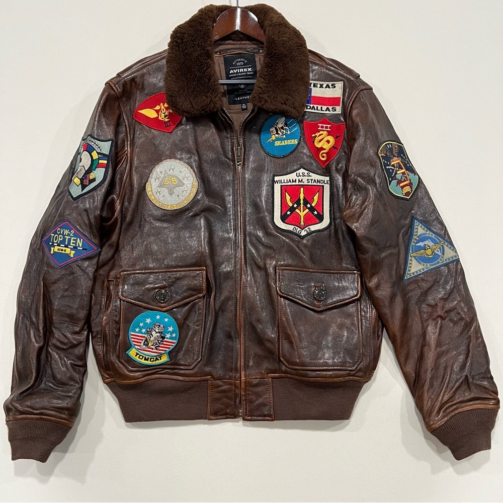 AVIREX CLASSIC PATCHED G-1 FLIGHT AVIATOR JACKET IN BROWN SIZE XL